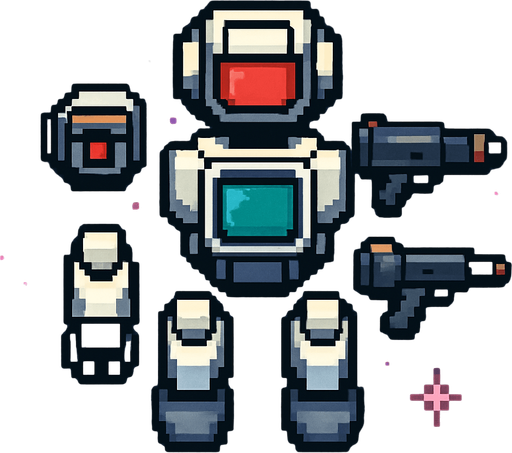 Пиксельный робот видо с верху космический без рук отдельно части тела и две от дельные пушки пиксели и космос.
In-Game asset.  2d.  High contrast.  No shadows
