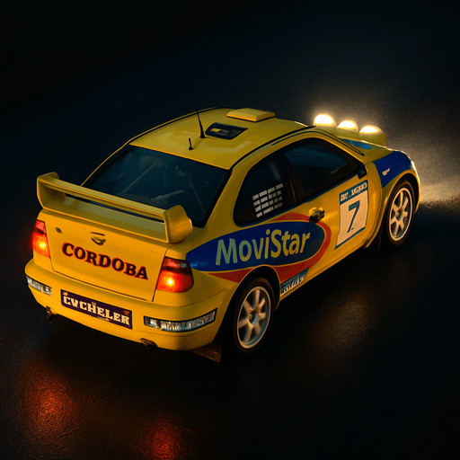 Photorealistic Seat Cordoba Rallycar in nightlight, drone topview from back and 45 degrees angle in top right corner