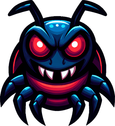 a cartoon bug. evil looking. dark blue and red color..
Single Game Texture. In-Game asset. 2d. Blank background. High contrast. No shadows.