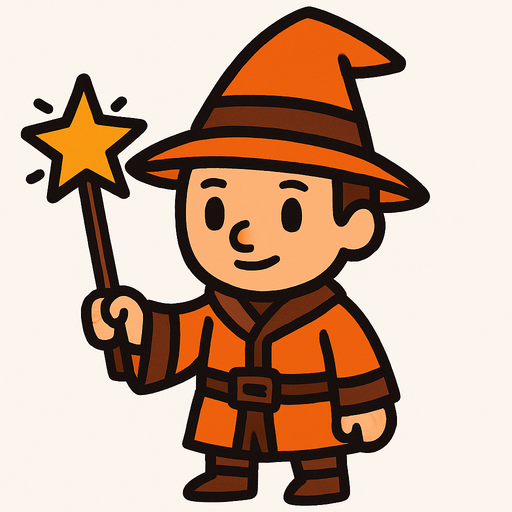 Mago con sombrero naranja y marrón sin barba con varita con estrella, de cuerpo entero.
In-Game asset.  2d.  High contrast.  No shadows