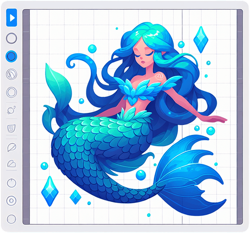 A beautiful blue and turquoise mermaid.
Single Game Texture. In-Game asset. 2d. Blank background. High contrast. No shadows.