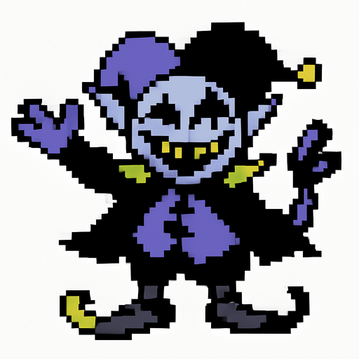 Jevil, un jefe del capitulo 1 de deltarune, es pixleado y el fondo detras de este es color blanco.
In-Game asset.  2d.  High contrast.  No shadows