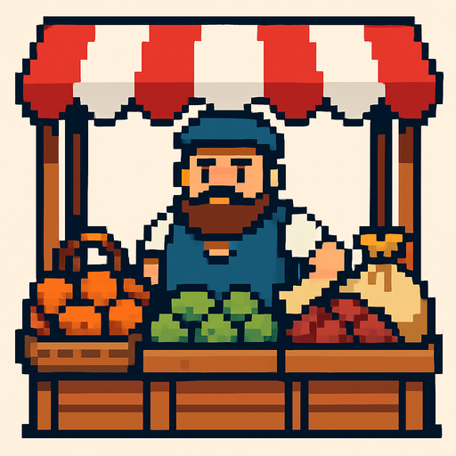 npc market pixelart.
In-Game asset.  2d.  High contrast.  No shadows