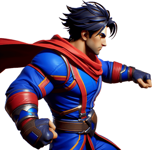 Side view of superman flying from left to right, with his fist pushed out in front of him.
Single Game Texture. In-Game asset. 2d. Blank background. High contrast. No shadows.