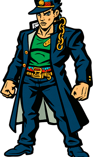 Jotaro con  cuerpo y que se vea su cabeza jojo's.
In-Game asset.  2d.  High contrast.  No shadows