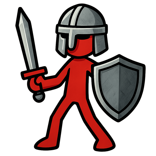 Red stickman with an iron helmet, iron sword and iron shield.
In-Game asset.  2d.  High contrast.  No shadows. No eyes