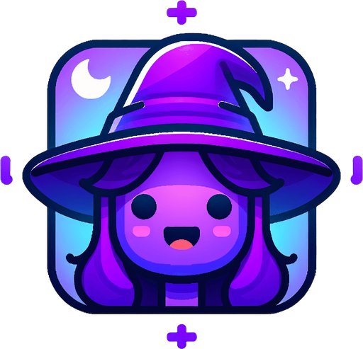 Perfectly square bright purple Halloween witcher head with cute happy face. Cartoon style. Spooky art style. Simple vector style.
