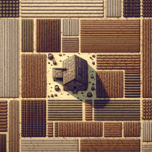 A straight top down perspective illustration of a large empty field with fertile, plowed but unplanted brown soil.There should be a farmhouse near the top..
Single Game Texture. In-Game asset. 2d. Blank background. High contrast. No shadows.