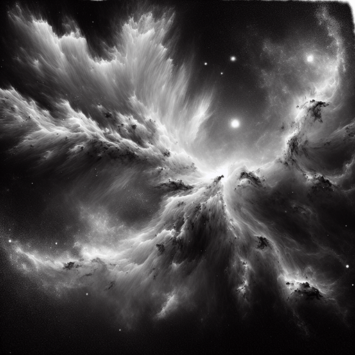 space image stylised gas clouds, black and white image, low contrast