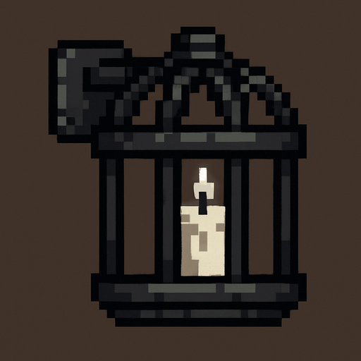 A unlit metal cage sconce like you find on a dungeon wall. White candle inside. Pixel art..
In-Game asset.  2d.  High contrast.  No shadows