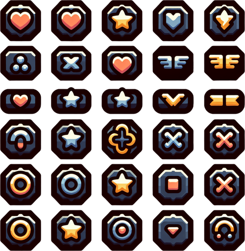Power up symbols.
Single Game Texture.  In-Game asset.  2d.  Blank background.  High contrast.  No shadows