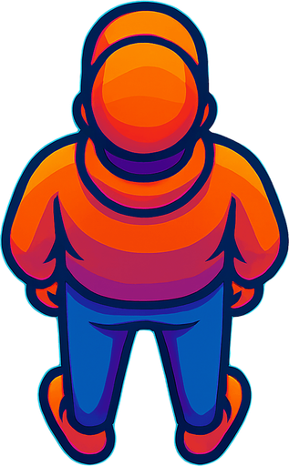 A young man standing, facing away with his back facing down. Top down view.