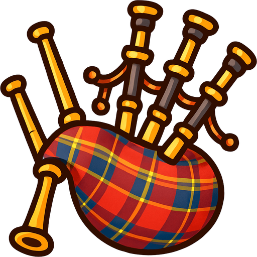 A fun, cartoony illustration of Scottish bagpipes with a tartan pattern. Rounded edges, high-contrast details, and transparent rounded background. Designed as an icon for a world music game..
In-Game asset.  2d.  High contrast.  No shadows