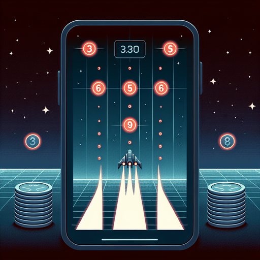A clean and minimalistic game interface for a Galaxian-inspired game, viewed flat and straight from the front as a mobile app UI. At the bottom of the screen is a sleek, centrally aligned starship designed to fire single projectiles upward. The background features a simple, dark space theme with scattered stars and soft gradients, maintaining a futuristic yet uncluttered aesthetic.

At the top of the screen, coins are arranged in an 8-column by 4-row grid formation, resembling a classic bug-like pattern. Among these, four consecutive coins in the central row are replaced with glowing red digits '3,' '6,' '9,' and '8,' positioned prominently. These digits are larger, brighter, and pulse subtly, making them stand out distinctly from the neutral-colored coins while remaining seamlessly integrated into the grid. The clean layout highlights the digits' importance while keeping the overall design sleek and user-friendly.
Single Game Texture. In-Game asset. 2d. Blank background. High contrast. No shadows.
