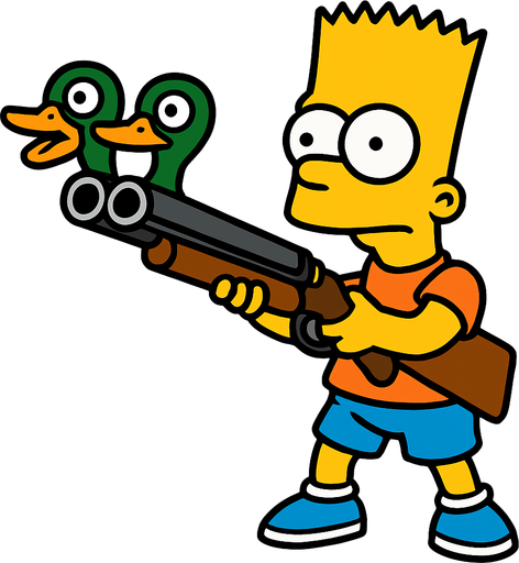 Bart holding a shotgun with 2 duck heads instead of barrels and make sure that Bart's body is fully visible
In-Game asset.  2d.  High contrast.  No shadows