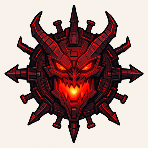 Topdown view, flying red demonic virus boss, evil-looking, sharp edges, glowing red core, cyber style, futuristic tech details, no background, circular, symmetrical.
In-Game asset.  2d.  High contrast.  No shadows