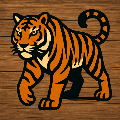 A tiger image, with wooden background.
In-Game asset.  2d.  High contrast.  No shadows