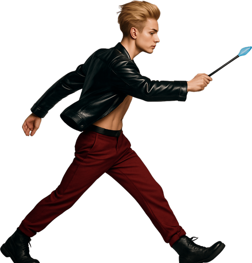 Swishy graceful man Cyberpunk manga, wand pointed straight ahead, arm extended, side profile view attack animation, shiny black leather biker jacket longsleeves shirtless Skinny abs blonde pompadour guy, action shot wine red joggers combat boots, Background removed, "Full-body character, entirely in frame, no cropping of face, head, or feet" "Complete character visible, from head to toe, fully centered in the image" "Entire character, including face and boots, fully within the frame" Character fully contained within a square frame, no edges cut off fashion model walking pose Style of vogue magazine