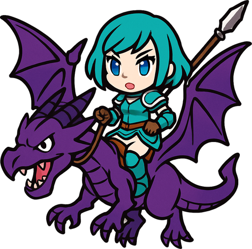 Una jinete de wyvern en estilo chibi/cuerpo completo. El wyvern es grande y de color morado, con alas extendidas y expresión fiera. La jinete es una joven guerrera con armadura ligera de torso en color verde con detalles aqua, con hombreras y guantes. Lleva pantalones blancos y botas verdes altas. Su cabello es corto estilo bob, de color aqua, y tiene ojos azules brillantes. Montada sobre el wyvern, sostiene con una mano las riendas y con la otra una lanza larga..
In-Game asset.  2d.  High contrast.  No shadows