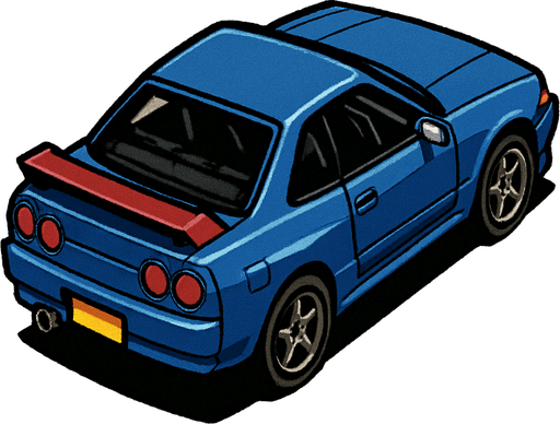 JDM car, seen from behind see from 45 degree 

Top-down, gta2, Single Game Texture. In-Game asset. 2d. Blank background. High contrast. No shadows.isometric