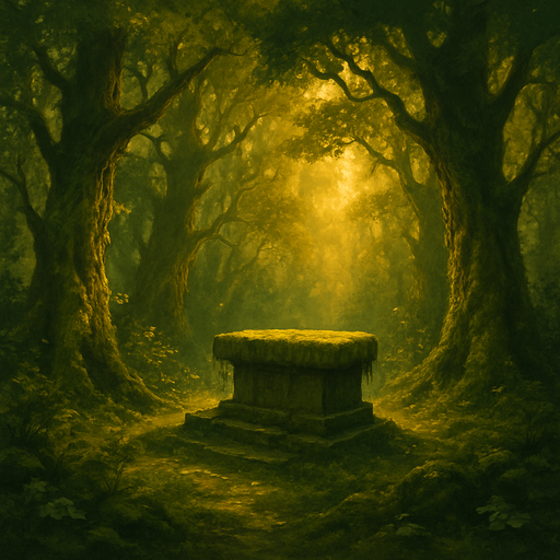 A mystical medieval forest glade with ancient trees, golden sunlight filtering through leaves, stone altar covered in moss, enchanted and sacred atmosphere, realistic.
In-Game asset.  2d.  High contrast.  No shadows