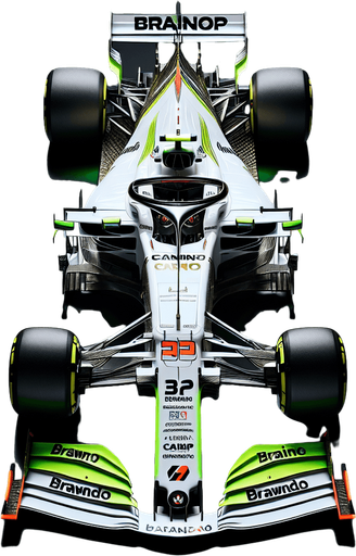 Photorealistic F1 race car without Halo safety device. Top view.
White body with neongreen nose. 
Black BrainGP text on body sides. 
Red "Cainon" text on front wings. 
Neongreen rear wing with Orange "BRAWNDO" text.