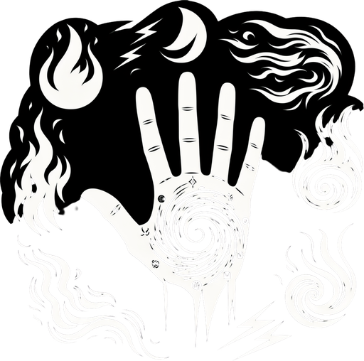 A hand silhouette centrally placed, with symbolic representations of different elements (fire, ice/water, lightning/wind) swirling around it or emanating from the fingertips. Could also be intersecting elemental runes..
Single Game Texture.  In-Game asset.  2d.  Blank background.  High contrast.  No shadows