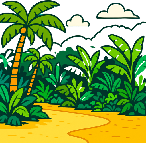 The beach of a tropical island, though the ocean is not to be seen in the background there is just a vibrant jungle.
In-Game asset.  2d.  High contrast.  No shadows