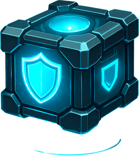 A 2D sci-fi power-up gift box that grants a shield, designed with a glowing blue energy core inside a metallic futuristic container. The box features holographic shield symbols, neon cyan highlights, and soft pulsing light. It is slightly levitating, surrounded by sparkles and a faint energy ring. The design should clearly suggest it gives protective power. Transparent background, digital art style, ideal for sprite use in a top-down space shooter game..
In-Game asset.  2d.  High contrast.  No shadows