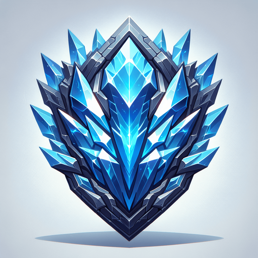 An angular, crystalline shield shimmering with blue light..
Single Game Texture.  In-Game asset.  2d.  Blank background.  High contrast.  No shadows