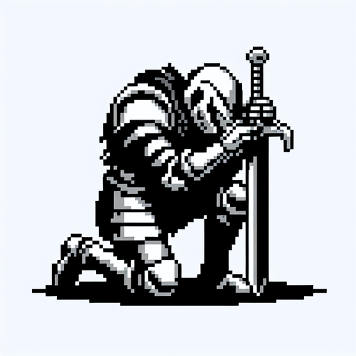 Create an 8-bit pixelated image of a defeated Knight Hero, kneeling with his head down in sorrow. He grips his sword with both hands, its tip resting in the ground. this represents the game over image for a retro video game.
Single Game Texture. In-Game asset. 2d. Blank background. High contrast. No shadows.