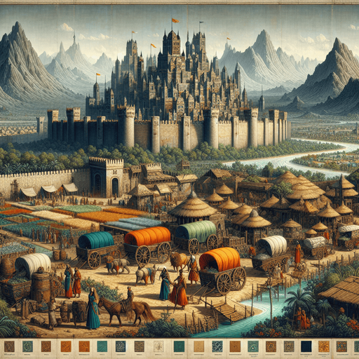 "A grand medieval-fantasy empire in a semi-realistic art style, featuring a thriving kingdom with towering castles, bustling trade markets, and well-planned roads connecting different towns. The scene includes farmers tending fields, merchants with carts full of goods, soldiers guarding the city gates, and distant mountains on the horizon. Defensive walls protect the kingdom, while caravans move across a strategic trade route. The environment is vibrant, with lush greenery, rivers flowing through the land, and players directing resource management and expansion from a bird's-eye view.".
Single Game Texture.  In-Game asset.  2d.  Blank background.  High contrast.  No shadows