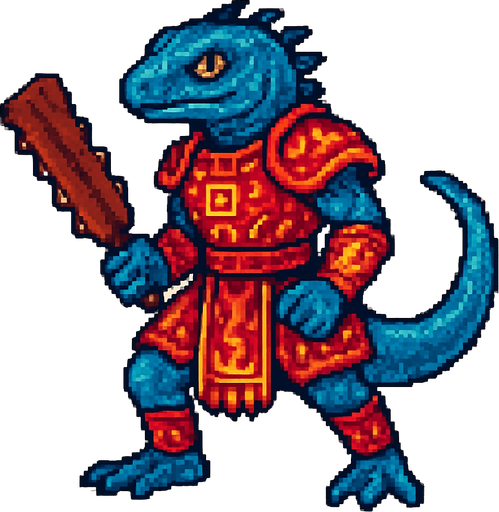 Generame un guerrero azteca con patrones, estilo pixelar, ademas sera un El lagarto azul de Gorgona humanoide. Va tener una armadura roja con efetos de llamitas pequeñas.
In-Game asset.  2d.  High contrast.  No shadows