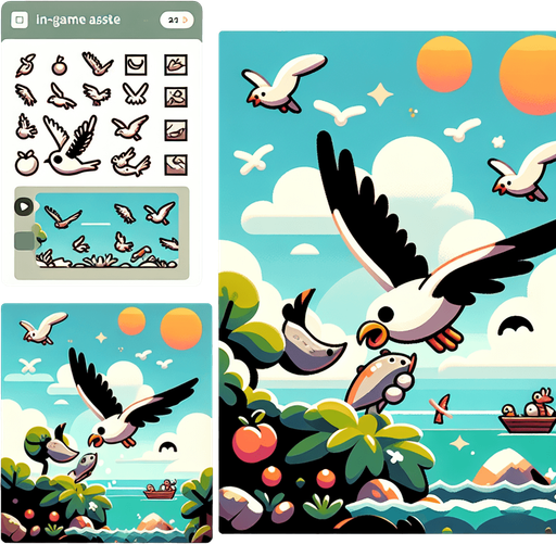 it could imagine flying high in the sky, touching the sea, catching fish, eating fruit, and flying with a flock..
Single Game Texture. In-Game asset. 2d. Blank background. High contrast. No shadows.