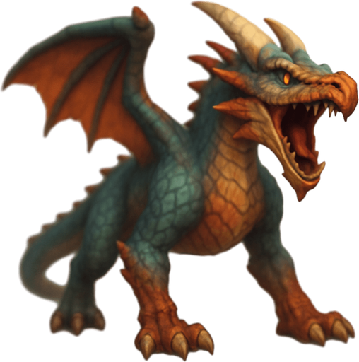 Different standing dragon on four legs, looking down. have mixed colors. Blur. the dragon is opened mouth like he is ready to shout. 
Single Game Texture. In-Game asset. 3D. Blank background. High contrast. No shadows.