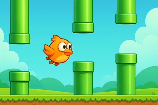 Fullscreen modern App Store landscape banner, 16:9, high definition, for a game titled "Flappy Wings" and with the description "Navigate a falling bird through pipe obstacles by tapping to flap and maintain flight altitude.". No text on banner!