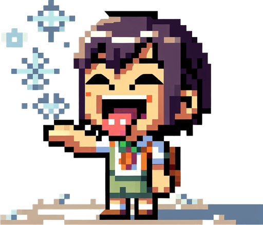 8bit person holding their tongue up to catch snowflakes.
Single Game Texture. In-Game asset. 2d. Blank background. High contrast. No shadows.