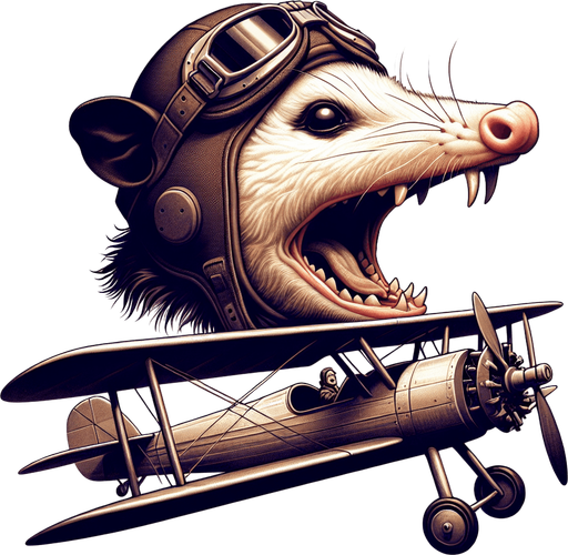 Opossum in aviator cap, flying bi plane. Realistic Opossum , screaming opossum, ugly art style, meme, mouth open, side view
Single Game Texture. In-Game asset. 2d. Blank background. High contrast. No shadows.