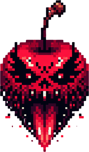 a demonic cherry, pixel style.
Single Game Texture.  In-Game asset.  2d.  Blank background.  High contrast.  No shadows