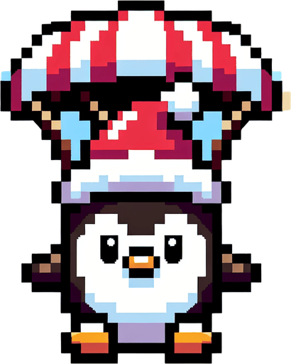 cute chubby angry parachuting penguin wearing a santa hat. pixelated. 8 bit. Single Game Texture. In-Game asset. 2d. Blank background. High contrast. No shadows.