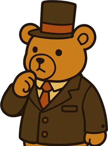 Teddy bear professor Layton game style.
In-Game asset.  2d.  High contrast.  No shadows