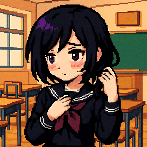 A cute anime-style girl depicted in pixel art, with an emo aesthetic and striking purple eyes. She's wearing a classic Japanese school uniform (sailor fuku). She has a shy expression, with blushing cheeks and an averted gaze. Her left hand is playing with her hair, while her right hand rests on her chest. In the background, there's a typical anime-style classroom.