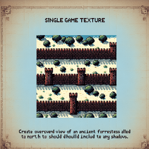 Make an ancient fortress wall facing north in an 8 bit style from a birds eye view.
Single Game Texture. In-Game asset. 2d. Blank background. High contrast. No shadows.
