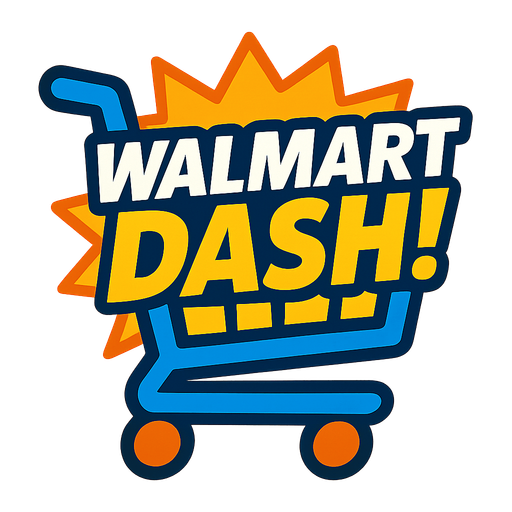 Cart with letters saying WALMART DASH!.
Single Game Texture.  In-Game asset.  2d.  Blank background.  High contrast.  No shadows