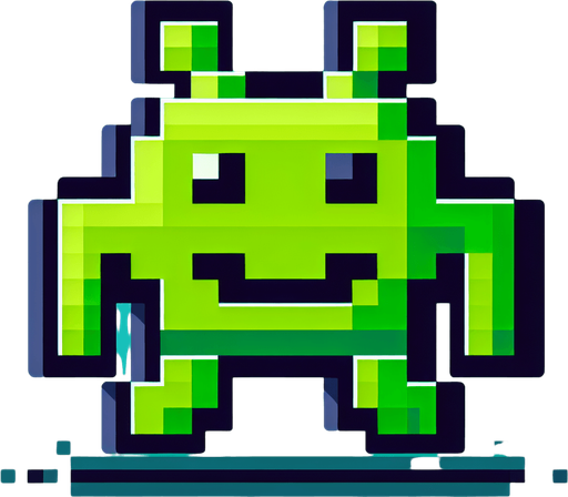 It looks like a bright green space invader.
Single Game Texture. In-Game asset. 2d. Blank background. High contrast. No shadows.