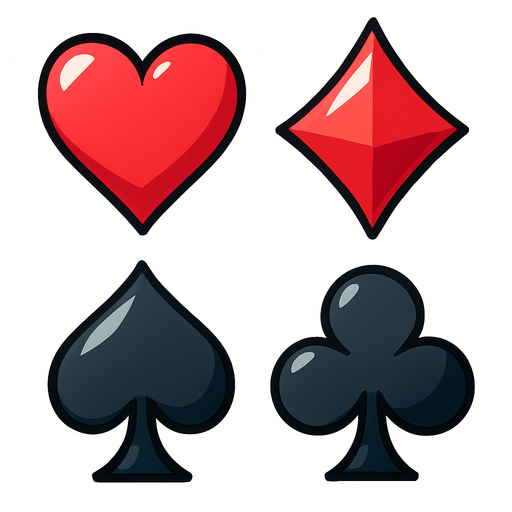 The four card suits. Hearts, diamonds, spades and clubs. Anime style..
In-Game asset.  2d.  High contrast.  No shadows