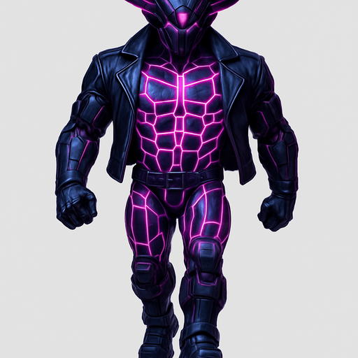 Black leather biker jacket longsleeves bare segmented neon cyberpunk pecs abs muscles robot monster hunk Neon cyberpunk 3d hologram corporate occult demon android mecha robot sentinel guard soldier machine monster fully in frame no part cut off no background anime futuristic Background removed, "Full-body character, entirely in frame, no cropping of face, head, or feet" "Complete character visible, from head to toe, fully centered in the image" "Entire character, including face and boots, fully within the frame" Character fully contained within a square frame, no edges cut off  horns through boots Walking animation forward