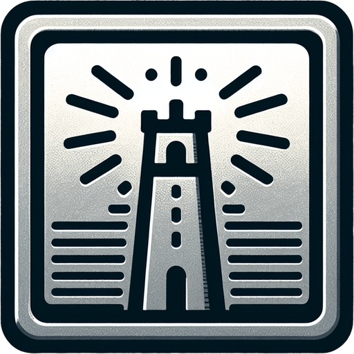 A square metal button with the image of a tower. Single Game Texture. In-Game asset. 2d. Blank background. High contrast. No shadows.