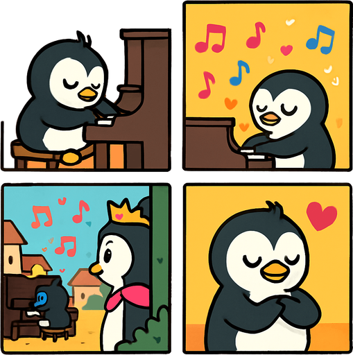 4-panel comic strip, no text, cute cartoon style, bright colors, black outlines.
Characters: Penguin Hero (small, determined) + Penguin Princess (elegant, crown) + Village Penguins
Central Theme: Music connects hearts, piano mastery wins love. Story: Hero finds his true musical voice and inner strength

Panel 1: Hero alone with piano, plays from his heart instead of trying to impress
Panel 2: Beautiful, unique music flows from him, notes shimmer with emotion
Panel 3: Princess secretly listens from distance, moved by his genuine music
Panel 4: Hero realizes music should come from the heart, not ego. 
In-Game asset.  2d.  High contrast.  No shadows