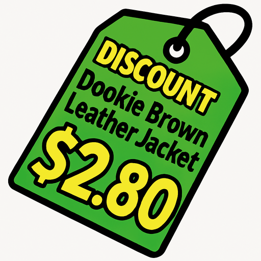green price tag that says discount Dookie Brown Leather Jacket $2.80.
In-Game asset.  2d.  High contrast.  No shadows